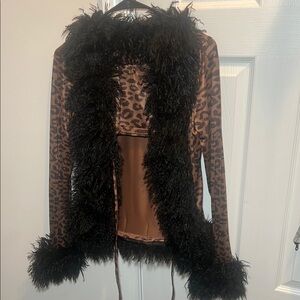 Leopard Print Faux Fur Trim Jacket